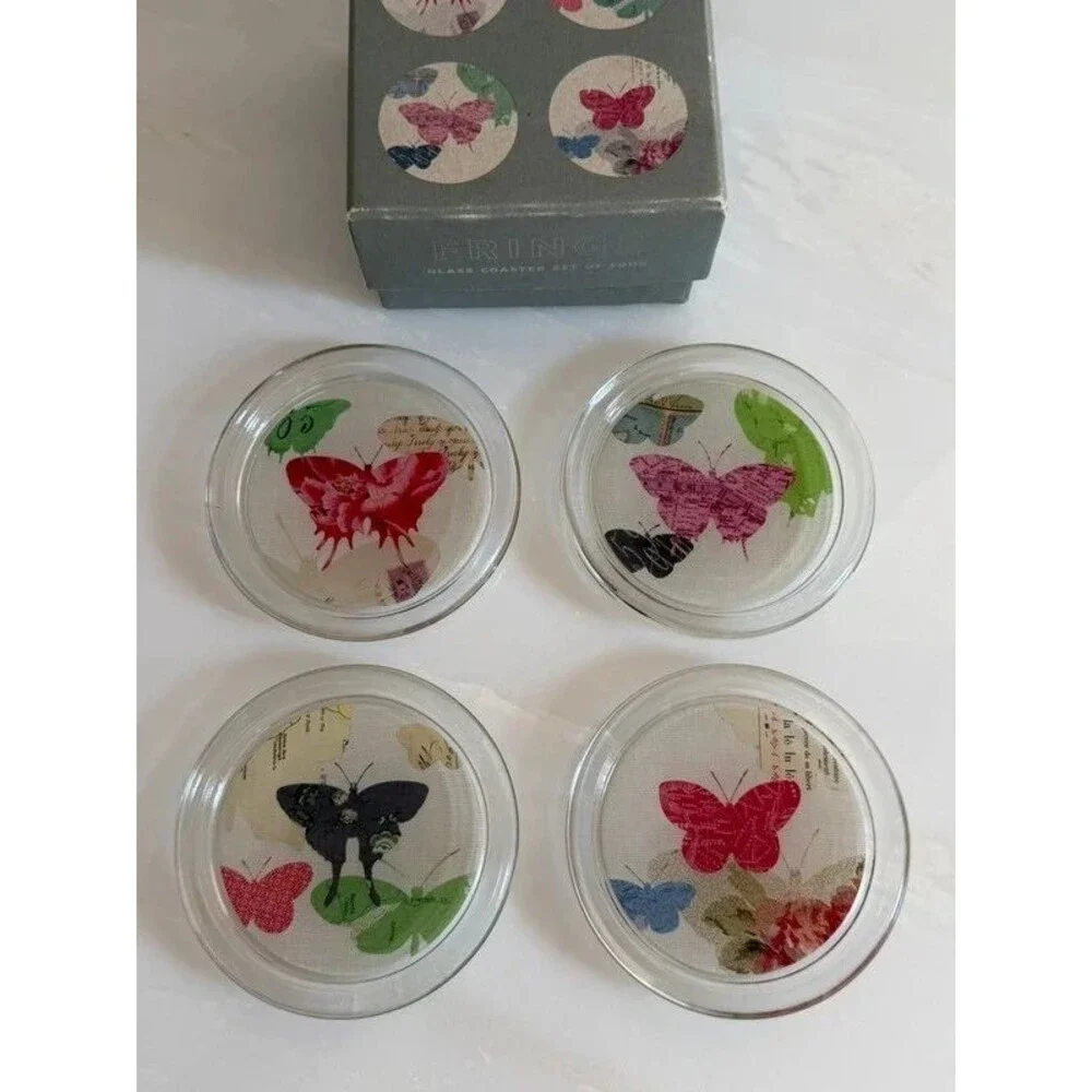 Fringe Studio glass botanical butterfly coasters set